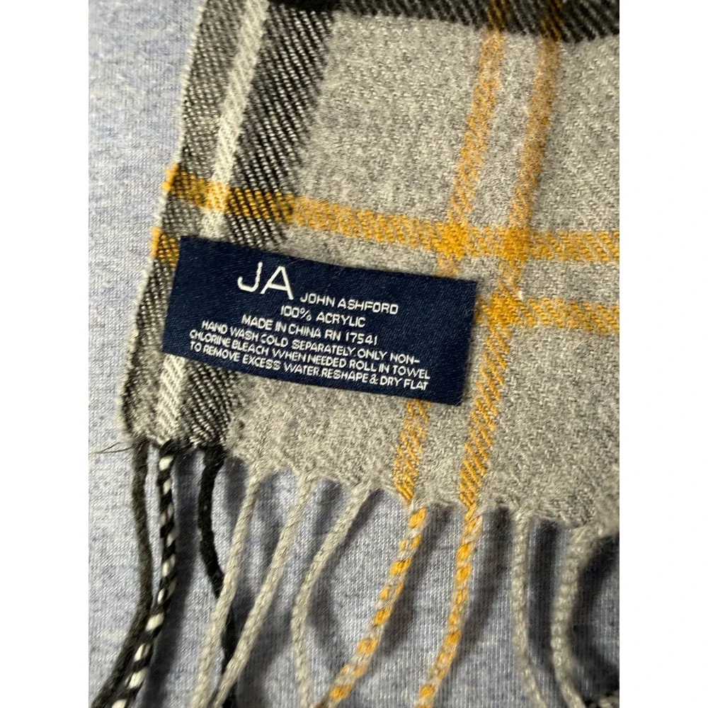 John Ashford Mens Grey Plaid Fringed Acrylic Winter Scarf RN 17541